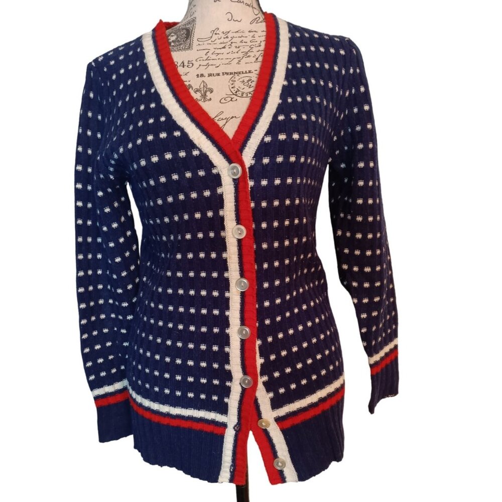 Vintage Kimlon Small Cardigan Sweater, Navy Blue, White Red Stripe, Button Front